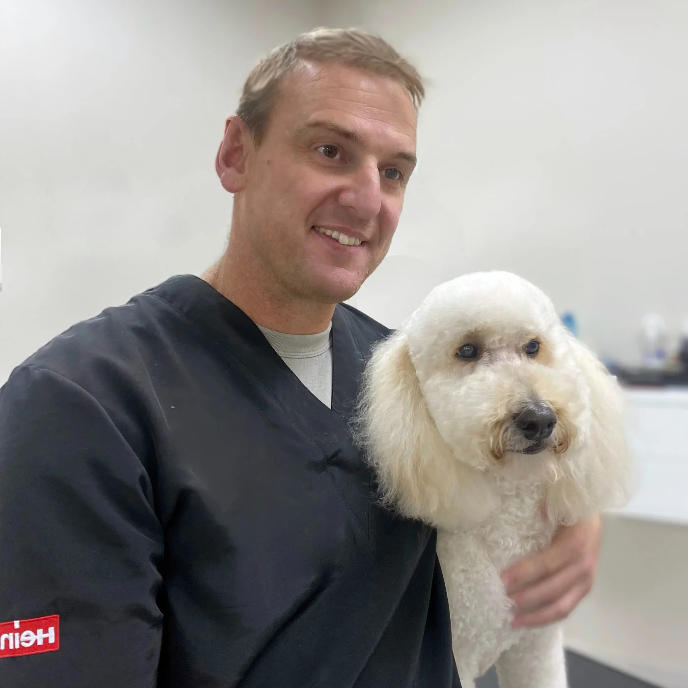 Mark, the groomer at Mugo, with a freshly-groomed cream standard poodle