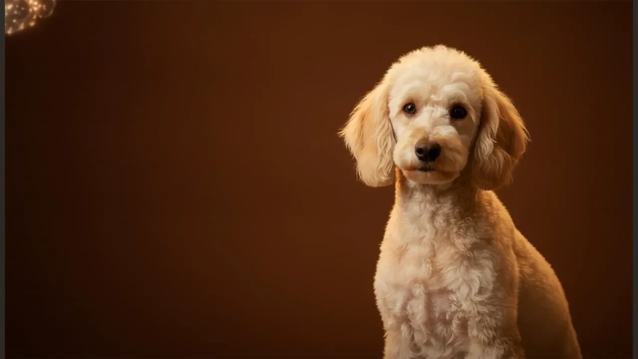 A freshly-groomed cream poodle under warm gold light